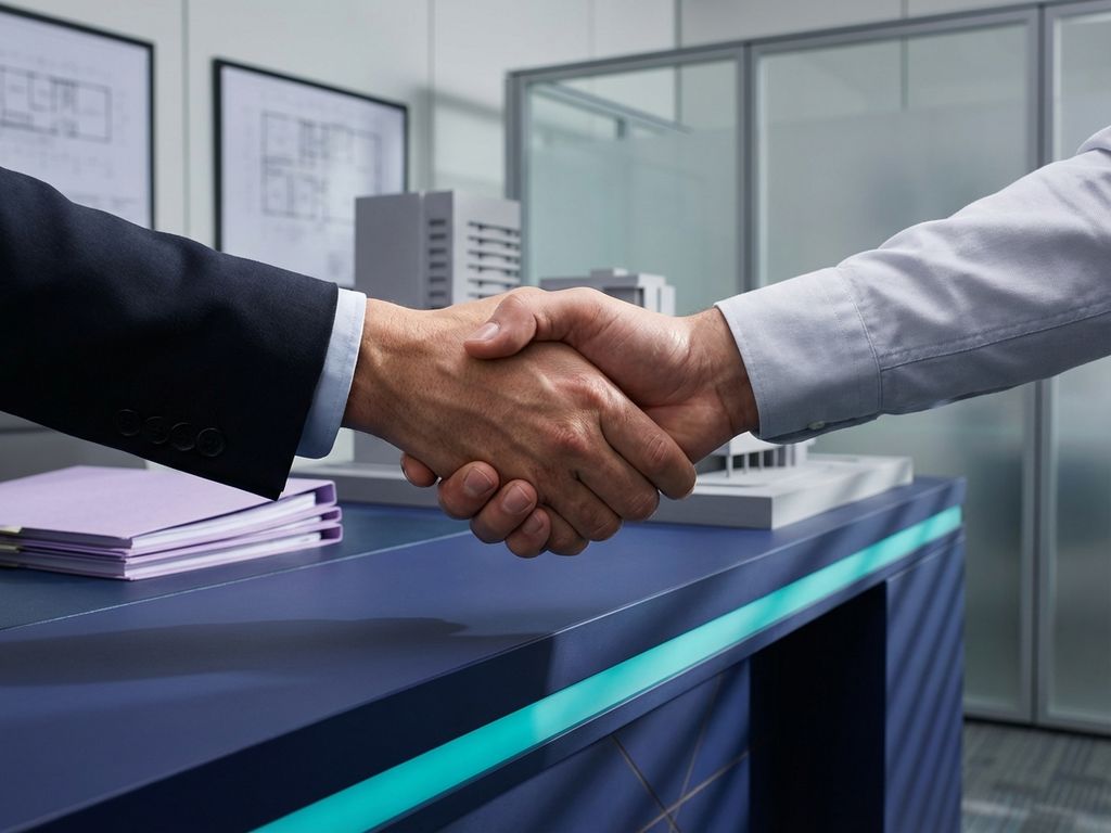 Professional business handshake between polished hands in modern office with blue desk and turquoise lighting accents