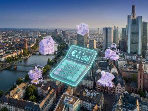 Calculator displaying Euro symbols floating over modern German cityscape with 3D expense icons including house, shopping cart, and utility bills