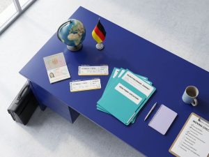 Deutscher Reisepass mit Flugtickets und Umzugsdokumenten auf modernem Schreibtisch für internationale Auswanderung