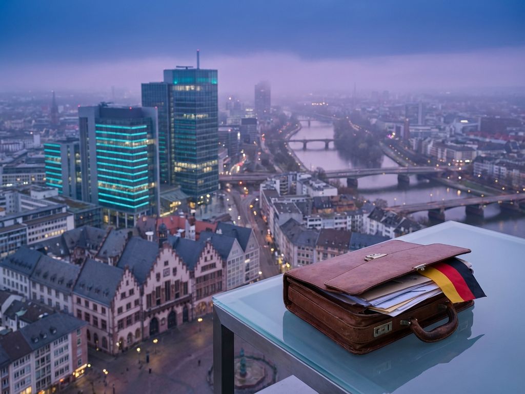Aerial view of modern German city with open briefcase containing documents and German flag in foreground