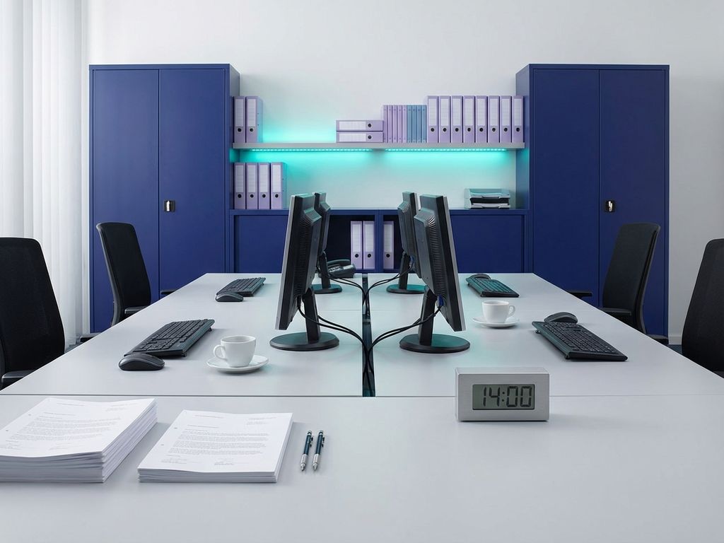 Organized German office workspace with grey desk, blue filing cabinets, turquoise lighting, and methodically arranged supplies
