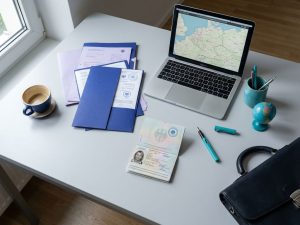 German passport and work documents on modern desk with laptop displaying Germany map for business relocation planning.
