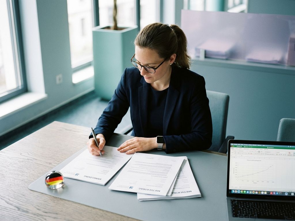 Professional businesswoman in navy blazer reviewing German relocation documents at modern office desk with laptop