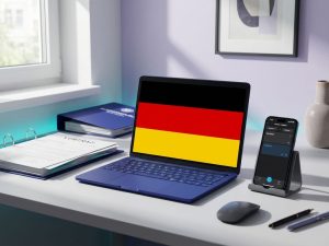 Open laptop displaying German flag colors with translation app on smartphone and German documents on modern office desk