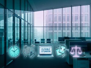 Modern German office with floating myth-busting symbols including broken clock, casual clothes, laptop, and work-life balance icons against glass architecture in blue and turquoise tones.
