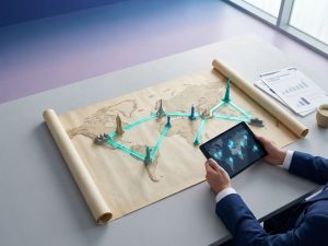 Luftaufnahme eines modernen Schreibtisches mit Weltkarte, 3D-Gebäudemodellen und Tablet für globale Arbeitsplätze