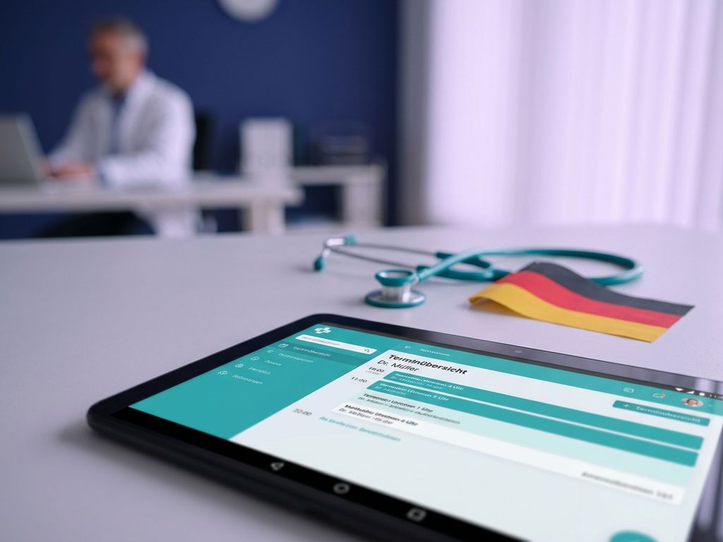 Medical consultation setup with stethoscope, tablet showing appointment interface, and German flag on clean desk