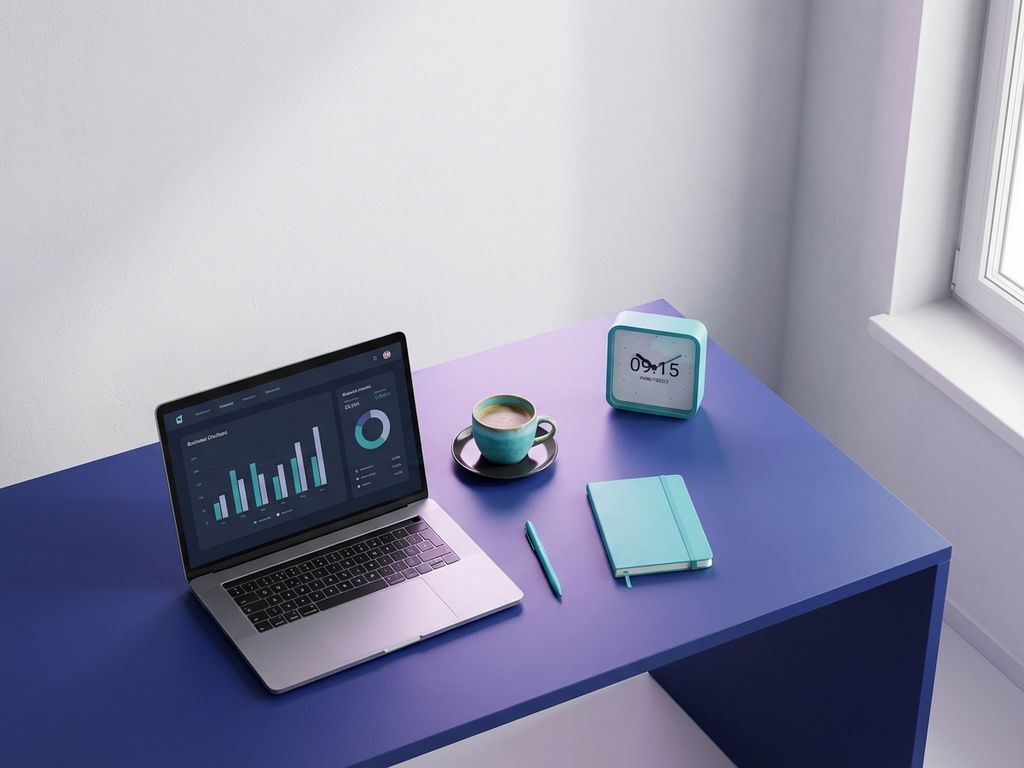 Modern German office workspace with laptop, coffee cup, and clock on blue desk with turquoise accents and clean lighting.