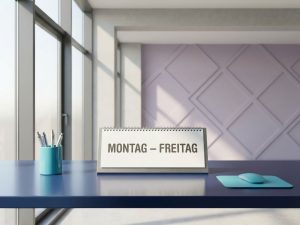 Modern German office desk calendar showing Monday through Friday in bold text on deep blue surface with turquoise accents.