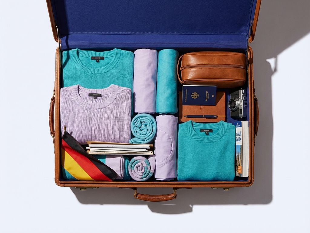 Open suitcase with neatly organized clothes and travel documents, featuring blue lining and colorful folded garments