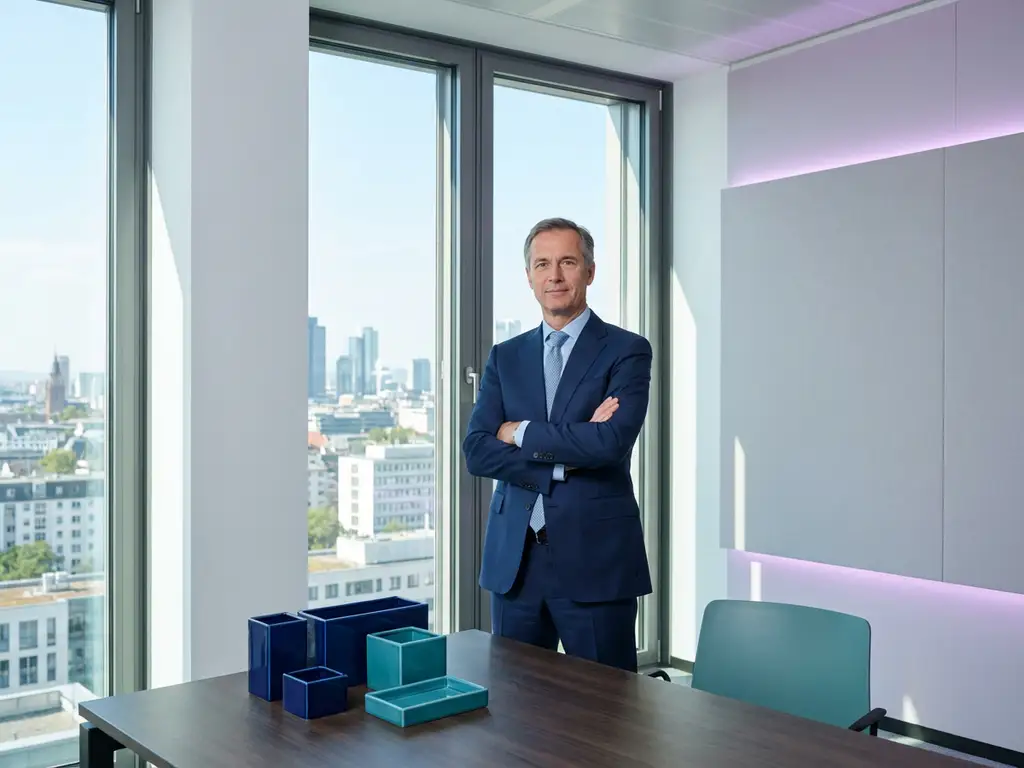 Professional in business suit with crossed arms standing in modern German office with floor-to-ceiling windows and cityscape view.