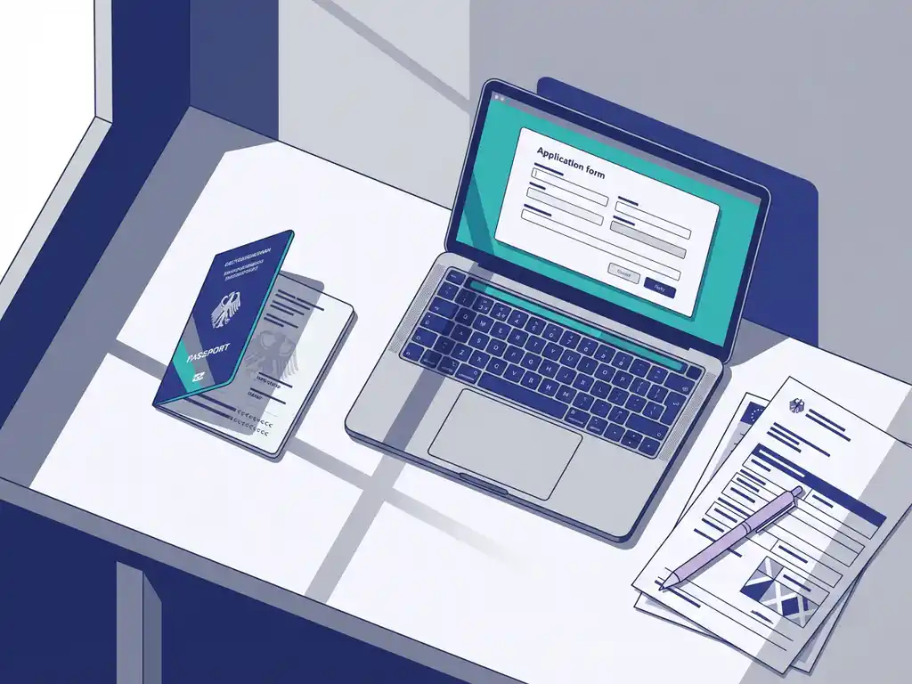 German passport open beside laptop displaying application form on clean minimalist desk with pen and documents