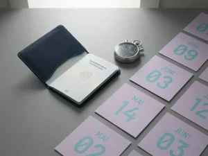 German passport open on minimalist desk with stopwatch and scattered calendar pages in natural lighting