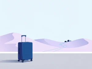 Deep blue suitcase on grey ground with lilac rolling hills and turquoise path leading to distant buildings in minimalist style