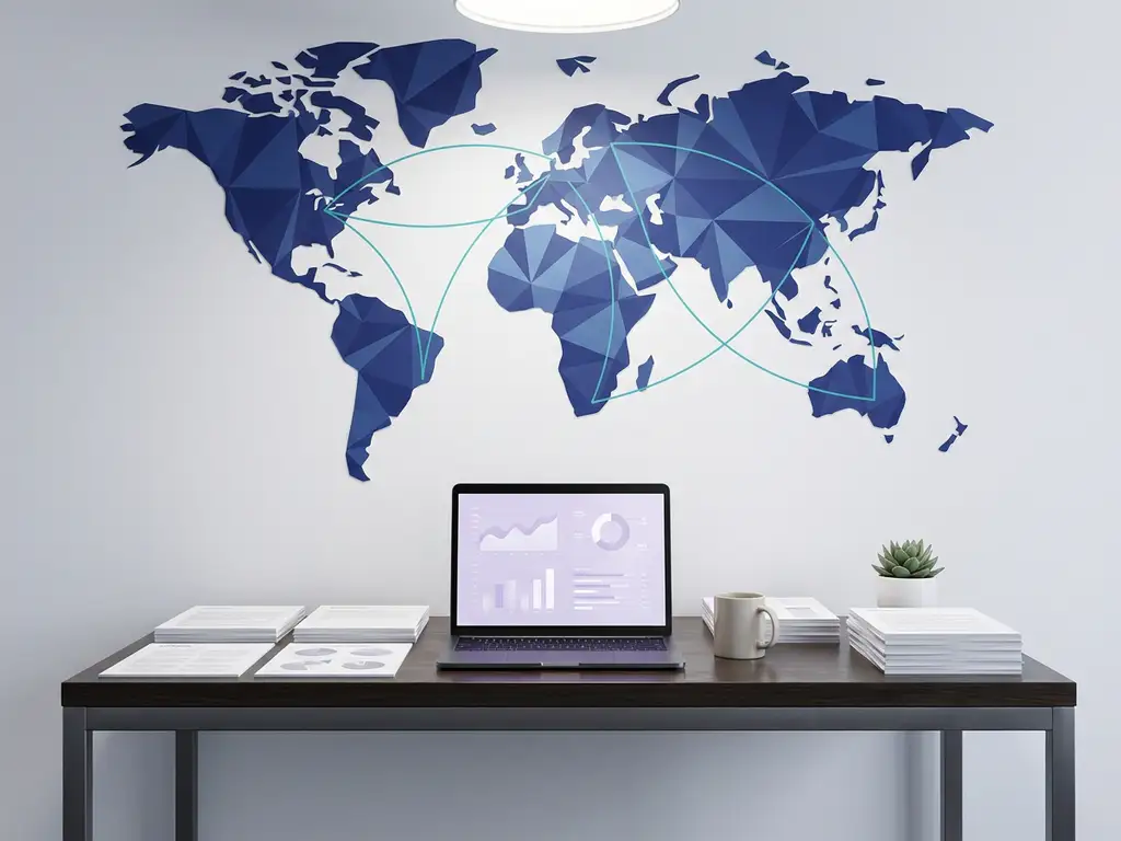 Moderner Büroschreibtisch mit geometrischer Weltkarte, Laptop mit Datenvisualisierung und professionellen Dokumenten