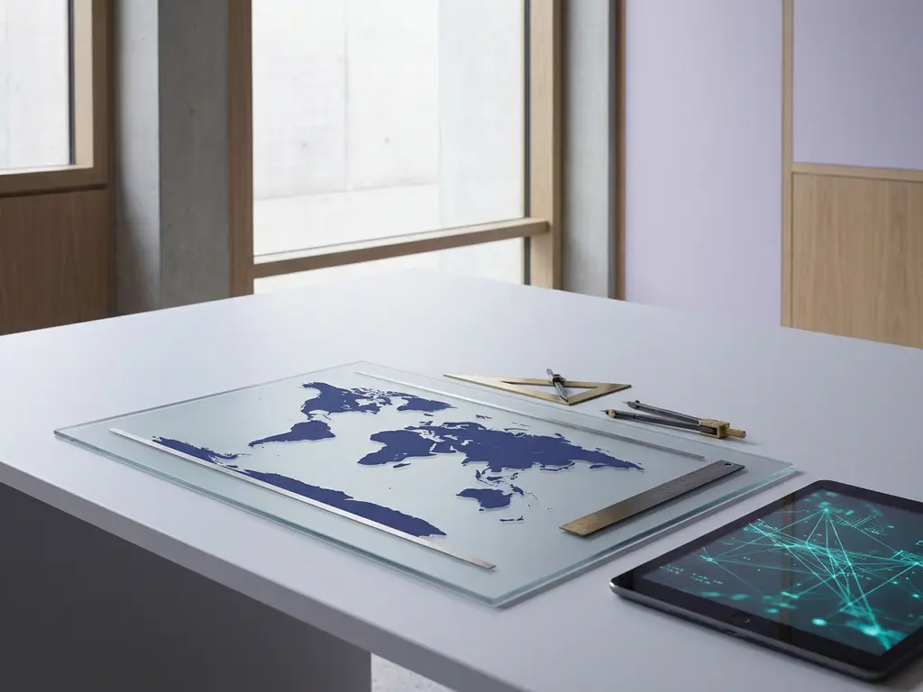 Moderner Schreibtisch mit Weltkarte, Kompass, Messgeräten und Tablet in minimalistischem Büro mit natürlichem Licht