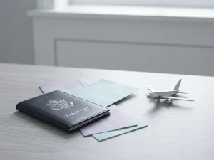 Modern passport on minimalist desk with geometric documents in lilac and turquoise, small airplane model nearby, soft lighting