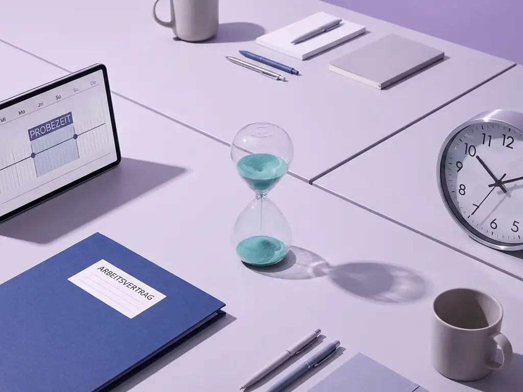 Modern office desk with flowing hourglass, employment contract folder, and calendar showing probation timeline in minimalist workspace