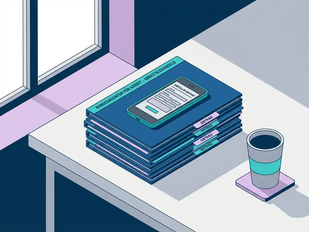 German unemployment documents stacked on modern desk with smartphone displaying digital form and coffee cup nearby