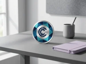 Professionelles Zertifizierungsabzeichen in Blau und Türkis auf modernem Schreibtisch mit minimalistischen Bürogegenständen
