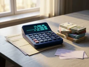 Navy blue calculator with turquoise display sits beside stacked Euro banknotes and German tax documents on white desk surface