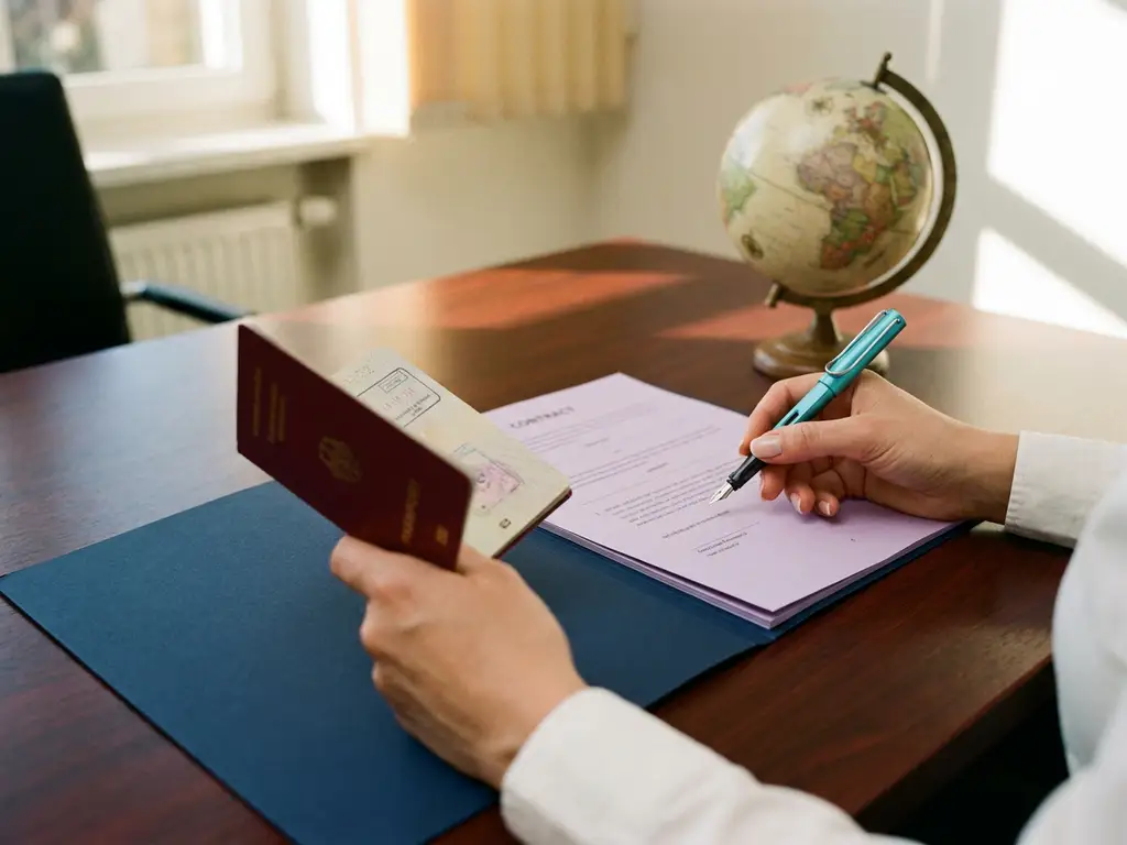 Professionelle Hände halten deutschen Reisepass und Vertragsdokument auf Mahagoni-Schreibtisch mit Füllhalter und Globus