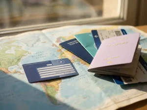 Europäische Krankenversicherungskarte auf offener Weltkarte mit Reisedokumenten und modernem Reisepass