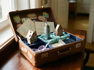 Vintage leather suitcase containing miniature German architectural landmarks, passport, and documents on wooden table with warm lighting