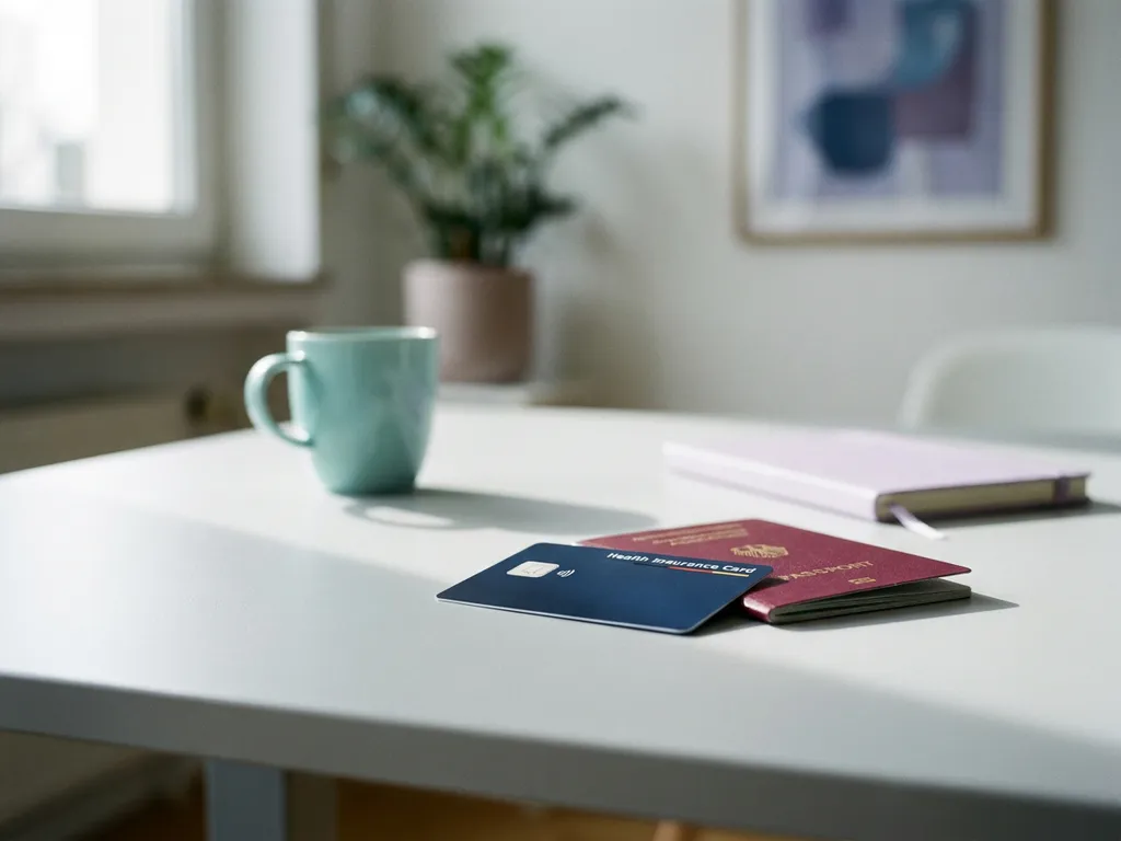 German health insurance card and European passport on white desk with natural window lighting in professional office setting