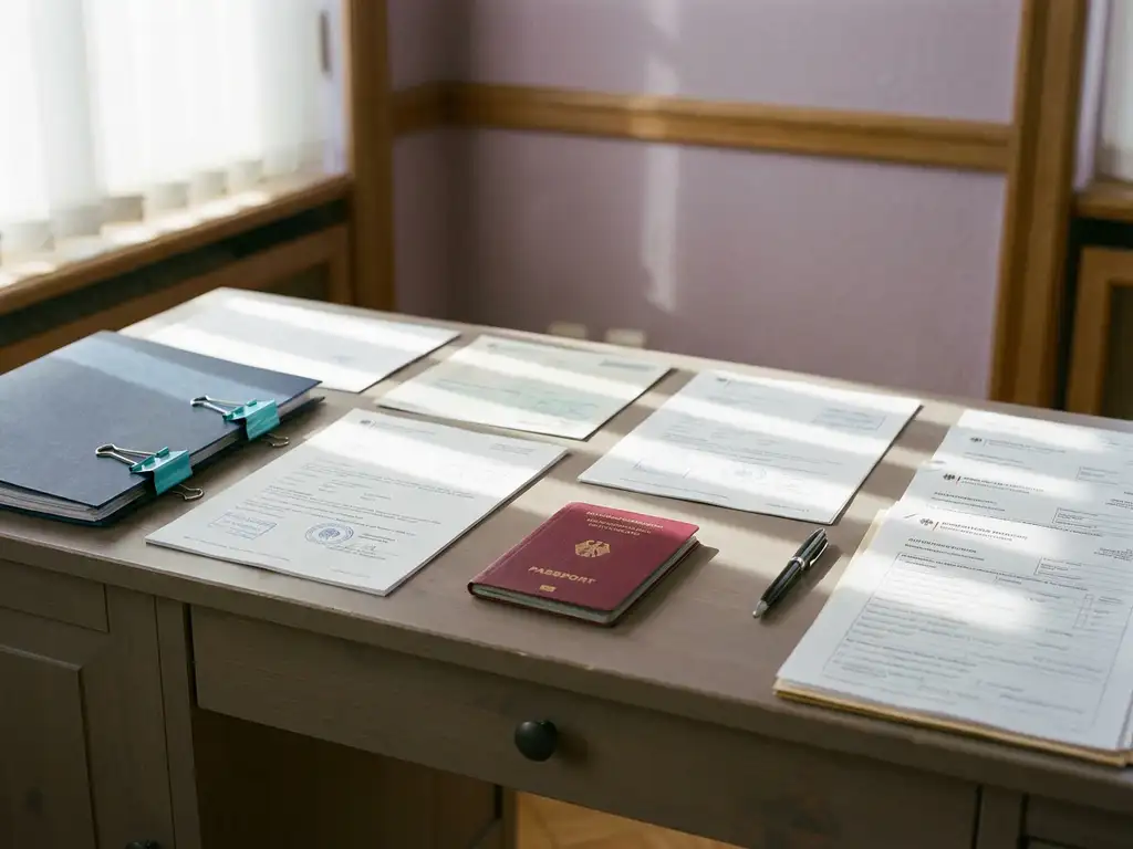 Wooden desk with German immigration documents, burgundy passport, and pen arranged in organized rows with natural lighting.