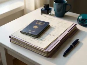 German passport and official documents stacked on white desk with fountain pen, illuminated by natural window light