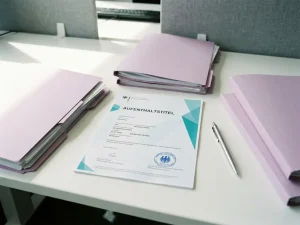 German residence permit document with blue official stamp on white desk surrounded by lilac folders and silver pen