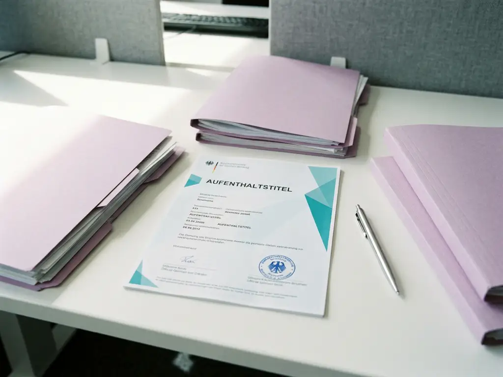 German residence permit document with blue official stamp on white desk surrounded by lilac folders and silver pen