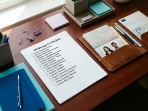 HR manager's checklist with checkboxes on white paper beside leather portfolio containing international documents and passport photos on mahogany desk