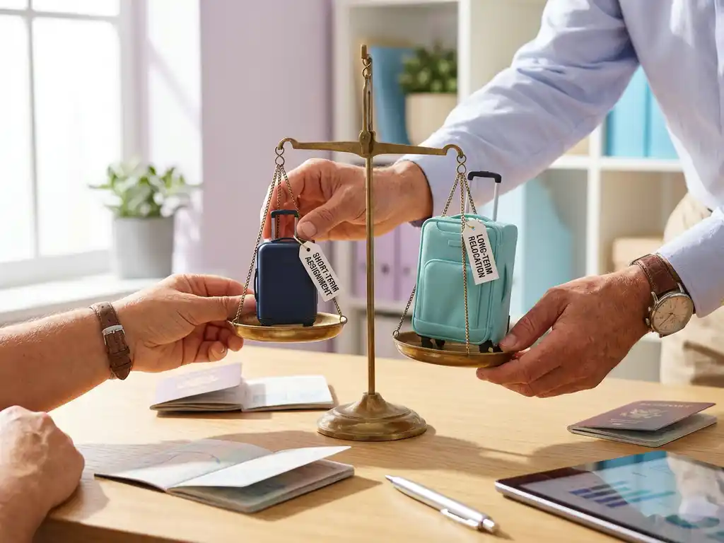 HR-Manager wiegt Miniatur-Koffer auf Messingwaage ab, symbolisiert Kurz- und Langzeiteinsätze, Reisepässe auf Schreibtisch