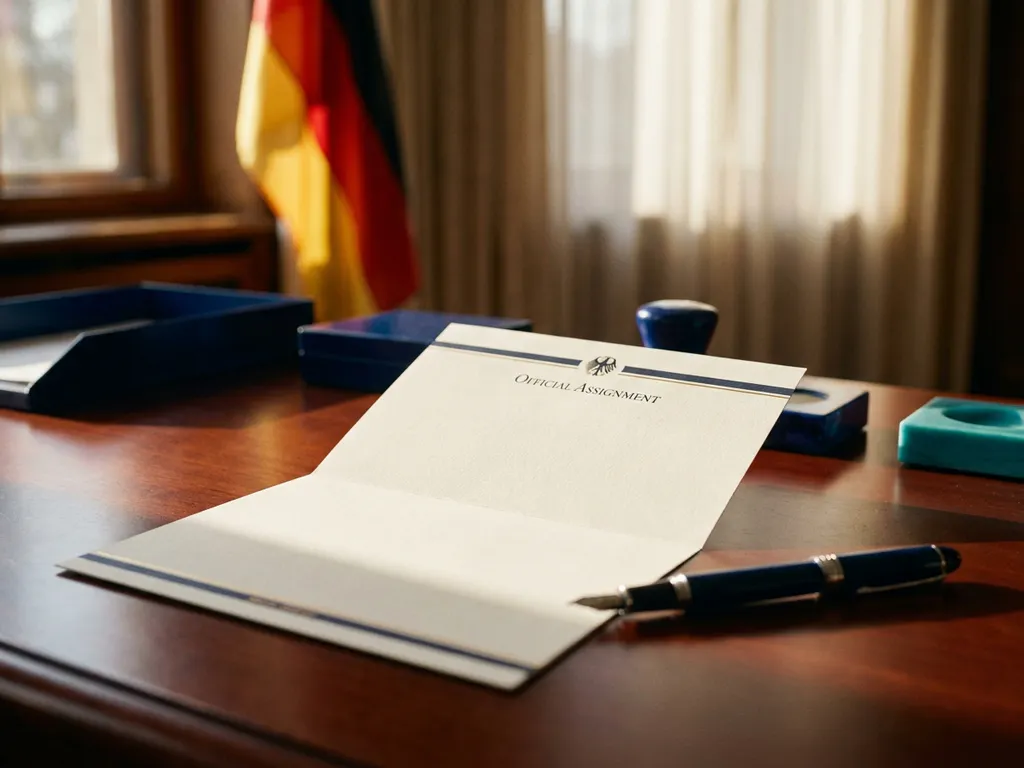 Official assignment letter on mahogany desk with fountain pen, German flag in background, warm office lighting