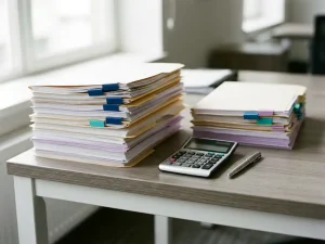 White desk with two document stacks of different heights, modern calculator and pen between them, natural window lighting