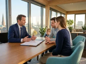 Professional consultant in navy attire gesturing while explaining relocation documents to young family across polished wooden table in modern German office with city views