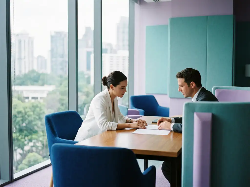 Professional woman in white blazer reviewing relocation documents with consultant at wooden desk in modern HR office
