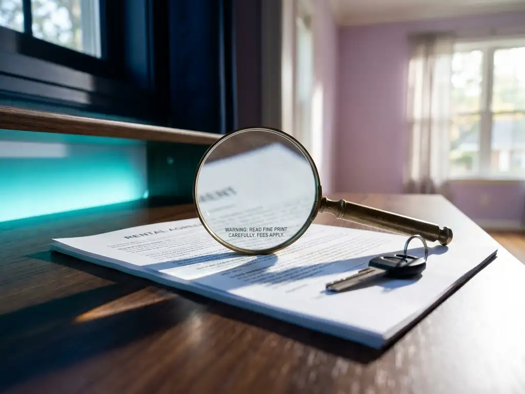 Magnifying glass examining fine print on white rental contract with apartment key on wooden desk, highlighted by natural lighting