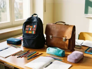 Two school backpacks on wooden desk - navy backpack with flag patches beside German leather satchel, surrounded by pencils and notebooks in soft window light