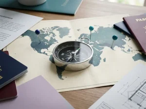 Chrome compass on world map with destination pins, surrounded by travel documents and passport, natural window lighting