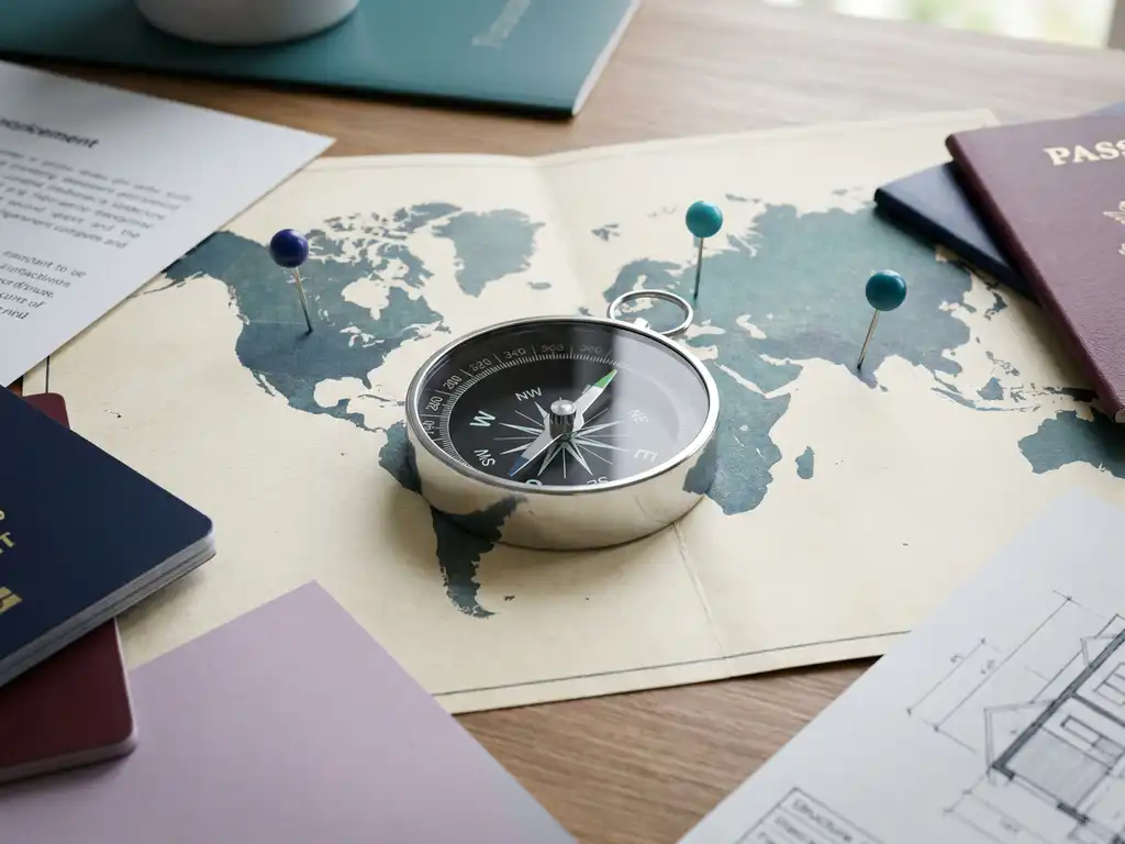 Chrome compass on world map with destination pins, surrounded by travel documents and passport, natural window lighting