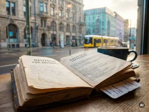 Worn German phrasebook open on a café table with a boarding pass tucked inside, steaming coffee beside it, blurred Berlin streetscape visible through window.