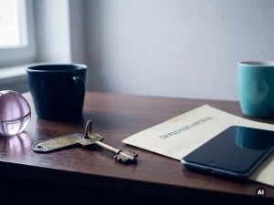 Weathered German apartment key beside a folded loan document and smartphone on a desk, soft navy and turquoise tones.