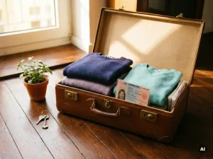 Weathered leather suitcase open on polished wood floor, packed with folded clothes and a German residence permit, apartment keys and small potted plant beside it.