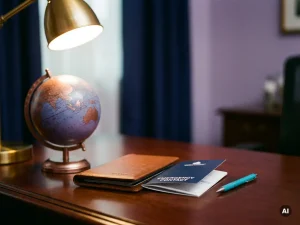 Reisepass und Notfallkontaktdokumente auf modernem Schreibtisch mit Globus und Schreibtischlampe in Navy und Lila.