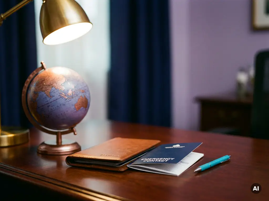 Reisepass und Notfallkontaktdokumente auf modernem Schreibtisch mit Globus und Schreibtischlampe in Navy und Lila.
