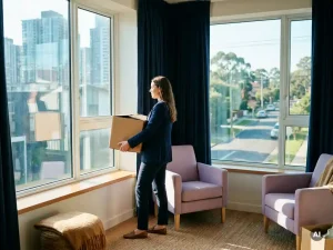 Professional woman holding a moving box pauses at a sunlit apartment window overlooking a city skyline and tree-lined suburban street.