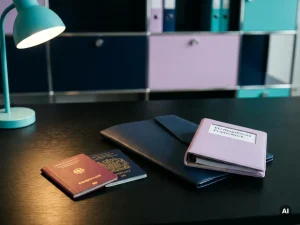 Deutscher und britischer Reisepass nebeneinander auf einem modernen Schreibtisch mit Dokumentenmappe und EU-Ordner.